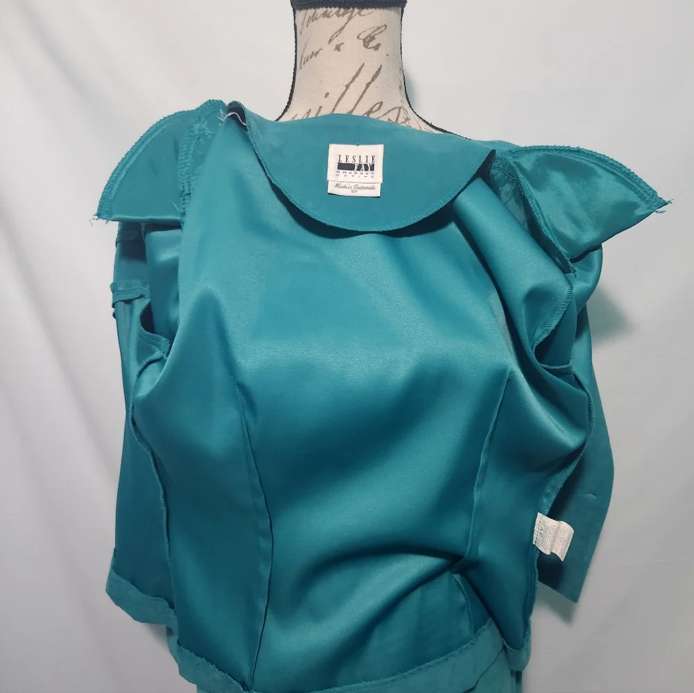 Vintage Leslie Fay Turquoise Velvet Skirt Suit Jacket Set W Gold Buttons Size 6P